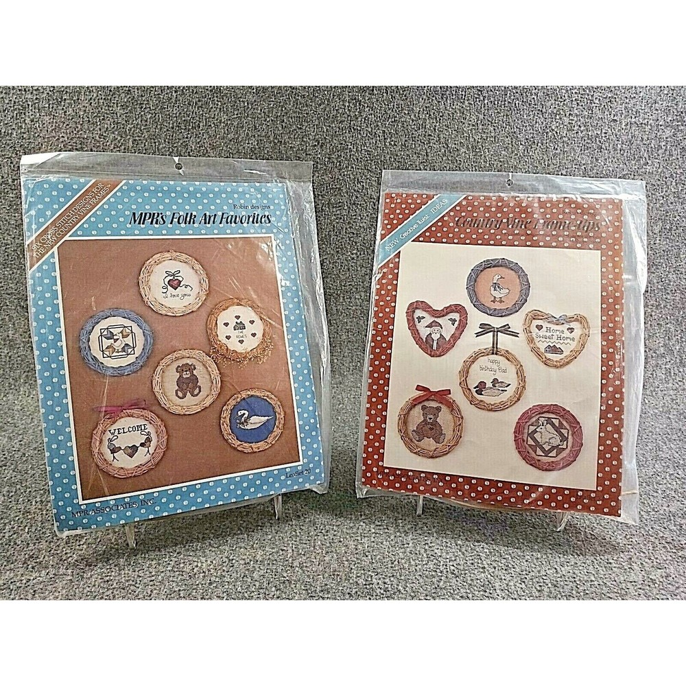 Set of 2 Vtg Country Vine Folk Art Frame Up Robin Designs Counted Cross Stitch